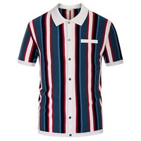 Summer Cardigan Kurzarm Gestricktes Herren T-Shirt Lässiges Revers Gestreiftes Strick-Polos hirt für Herren
