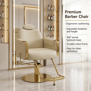 Fauteuil de coiffure hydraulique de luxe beige et or, inclinable, avec appui-tête pour poste de coiffure - Product Image 1