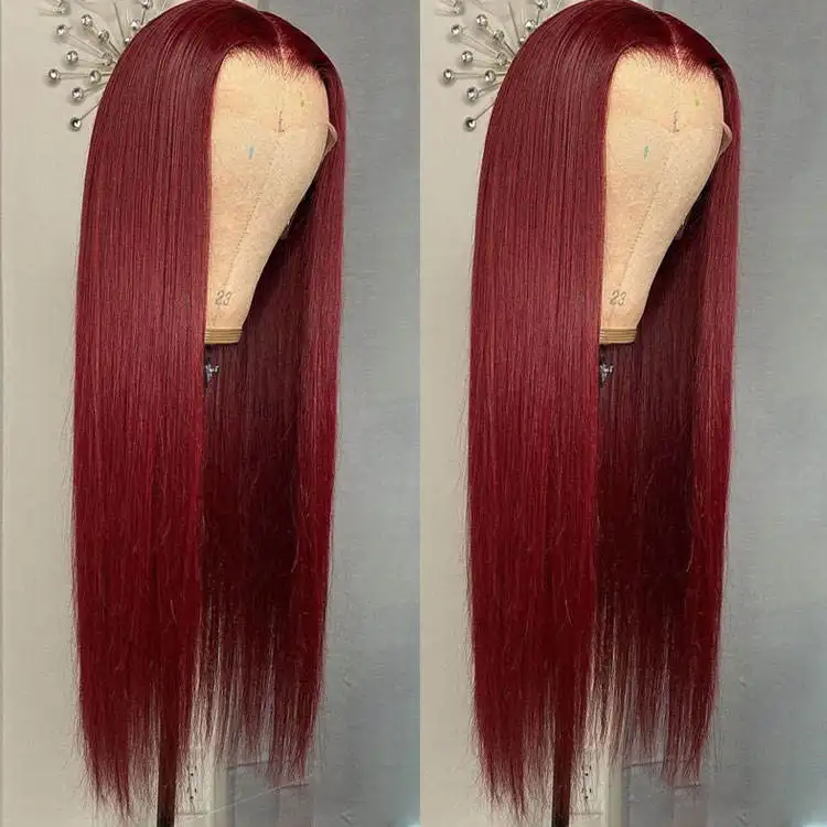 Wig rambut sintetis manusia Panjang Lurus 30 inci warna anggur merah renda depan 13*4 rambut Wig grosir Virgin mentah buatan tangan