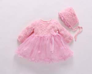 Robes de bébé en coton doux de <span class=keywords><strong>3</strong></span> à 6 mois avec chapeau, <span class=keywords><strong>robe</strong></span> de baptême florale à manches longues pour bébé fille - Product Image 2