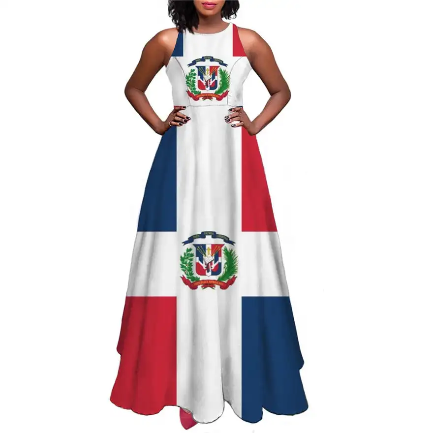 Groothandel Dominicaanse Republiek Vlag Custom Sublimatie Vrouwen Zomer Casual Jurk Sexy Elegante Mouwloze Lange Dames Jurken