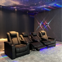Sillón Reclinable Eléctrico de Cine en Casa, 4 Plazas, con Costuras Rojas, Muebles de Teatro, LED, Cuero Genuino, Asientos de Cine