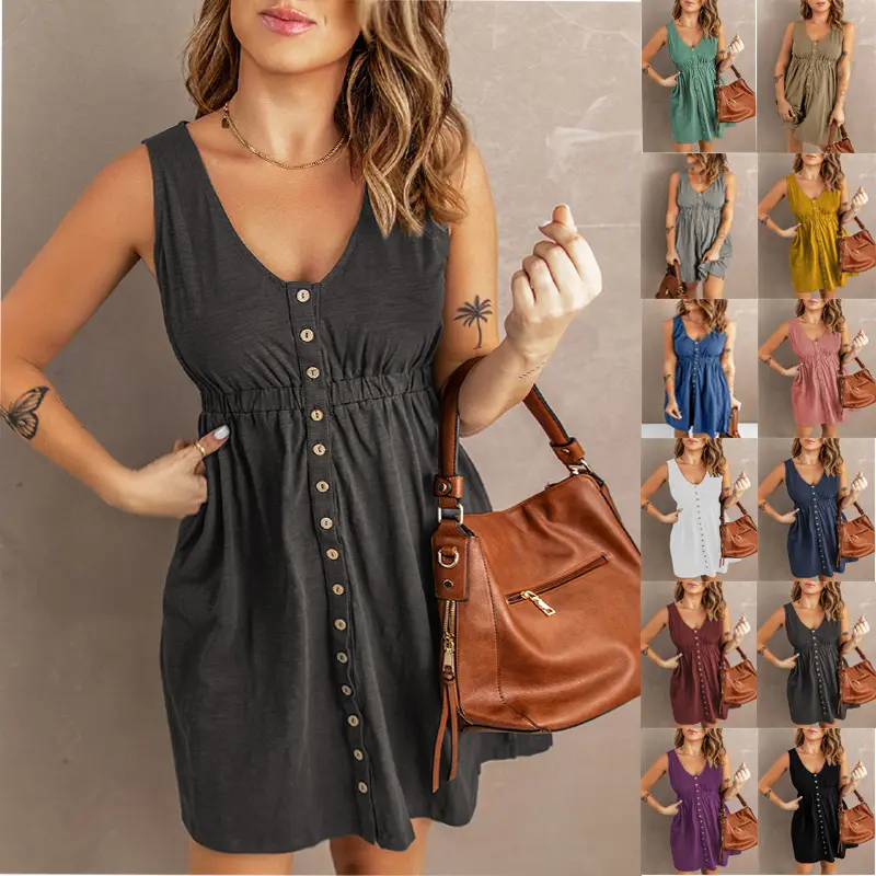 2023 Womens Juniors Fashion V Neck Sleeveless A Line Dresses Pleated Summer Solid Color Button Down Swing Mini Dress