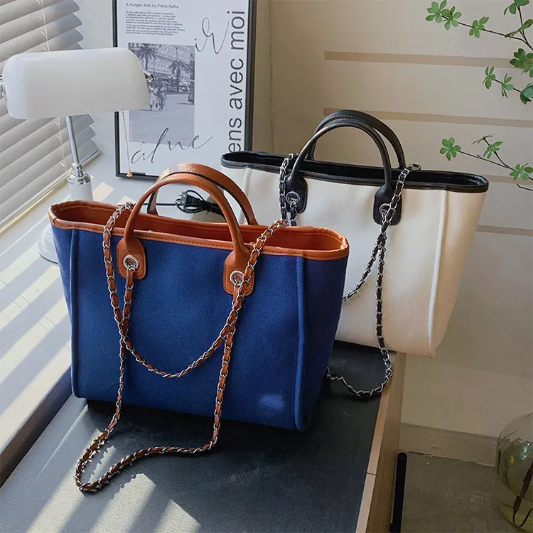 2022 модная сумка, простая однотонная вместительная сумка-тоут, Женская Холщовая Сумка на плечо с цепочкой и молнией, большая
