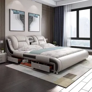 चमड़े नरम भंडारण बिस्तर स्मार्ट बेडरूम फर्नीचर डबल कार्यात्मक राजा आकार बिस्तर लक्जरी असबाबवाला मालिश बिस्तर