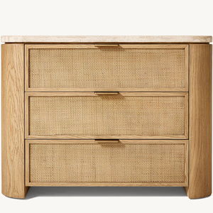 American-style Solid Wood High-<b>end</b> Luxury Bedside <b>Table</b>, with a Rattan Design on the Exterior and a Stone Tabletop. - Product Image 3