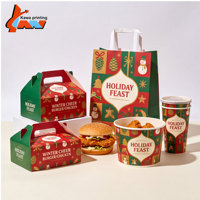 Ensemble d'emballages personnalisés pour la restauration rapide de Noël, boîte à hamburgers, sac en papier, gobelet, seau, kit à emporter pour restaurant de Noël