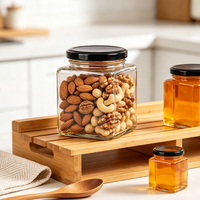 Pot en verre hexagonal carré de luxe à large ouverture avec couvercle, personnalisable avec logo, pour le stockage en cuisine, le miel et les confitures