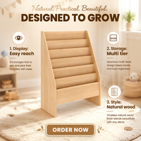 Étagère à livres pour enfants en bois massif naturel, design à 5 niveaux, présentoir frontal pour bibliothèque préscolaire, centre d'apprentissage précoce