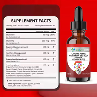 Gouttes liquides de complexe de poivre de Cayenne et d'aubépine 60ml avec racine de betterave, curcuma, vitamines K2+D3 – Supplément oral premium