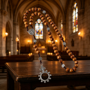Rosario Católico con Cruz Plateada, Cuentas de Madera Religiosas y Mini Cuentas de ABS/Aleación de Zinc que Brillan en la Oscuridad, Centro de Mesa al por Mayor - Product Image 2