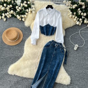 Bộ váy denim nữ dáng ôm, chất liệu trơn, tay dài, có đường may ở eo, <span class=keywords><strong>size</strong></span> lớn, thích hợp cho mùa hè. - Product Image 1