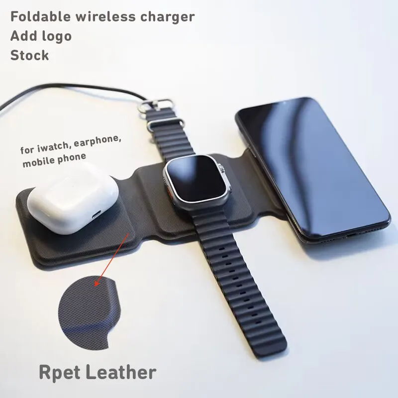 Pu Lederen Opvouwbare 15W Snelle Oplader Horloge Oortelefoon Mobiele Telefoon Multifunctionele Opladers Magnetische 3 In 1 Draadloze Oplader Pad