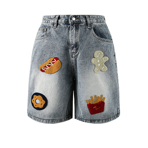 Pantalones vaqueros con parche bordado de chenilla de dibujos animados de alta calidad de fábrica para hombre, pantalones cortos de verano estampados para mí - Product Image 5