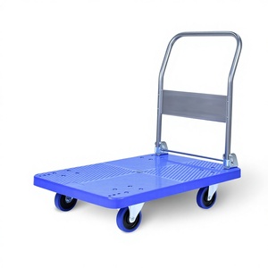 Chariot à plateforme pliable en plastique bleu avec cadre en acier et quatre roues pour le transport lourd - Product Image 1