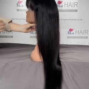 Perruque en cheveux humains naturels lisses, faite à la main, avec frange, pour femme noire, dentelle frontale transparente, 100% cheveux humains - Product Image 3
