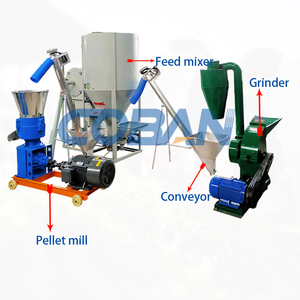 Ligne de production de granulés d'aliments pour animaux combinée 60-1000 kg/h avec moulin à granulés à matrice plate, machine de traitement d'aliments pour poulets à 2 rouleaux, broyeur, mélangeur et convoyeur - Product Image 1