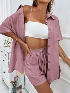 2-delige Casual Nachtkleding Turn-Down Kraag Slaappakken Shorts Vest Homewear Katoenen Pyjama Set Voor Dames - Product Image 4