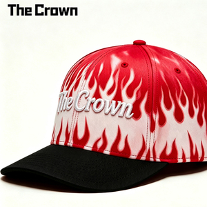 Casquette de baseball ajustée à 6 panneaux avec imprimé flamme de haute qualité, visière plate, broderie 3D, rouge et blanc, unisexe, vente en gros - Product Image 3