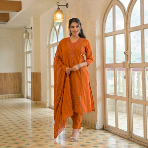 Traditional <b>Indian</b> Women's Cotton Embroidery Quick Dry Knee-Length <b>Kurta</b> Set Pant Dupatta Regular Fit Wedding Party Diwali All - Product Image 1