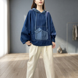 Spring Fashion Denim Hoodies Womens Vintage Classic Loose Sweatshirts Embroidered Washed Front 100% Cotton Formal Harajuku - Product Image 3