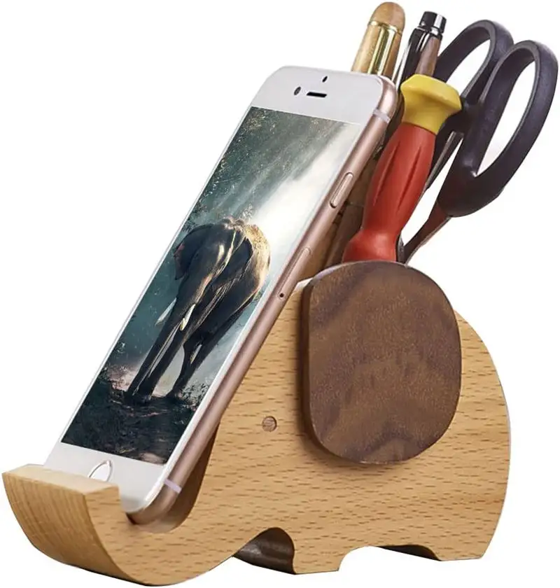 मोबाइल फोन के साथ डेस्क सजावट के लिए थोक लकड़ी का हाथी पेन धारक