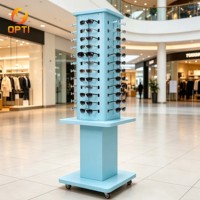 Mall-Ready Rotating Sunglass Display Stand, Light Blue Floor Rack with Casters for Eyewear Merchandising