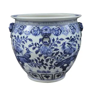 Peint à la main bleu et blanc Phoenix fleurs grand Pot de plante en céramique extérieure personnalisation des Pots de fleurs en céramique de Jingdezhen