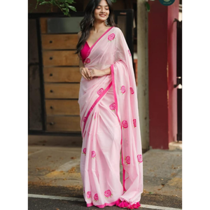 Sarees de Algodón Khadi de la Mejor Calidad con Bordado de Barra de Color y Borlas (Con Blusa), para Oficina/Uso Diario y Fiestas - Product Image 2