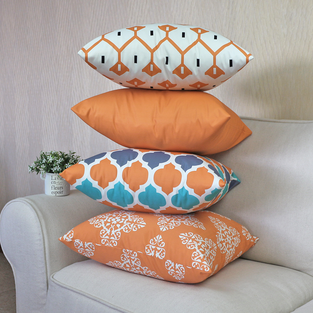 Set Of 4 Boho Outdoor Pillow Covers 18x18 - Linen Decorative Cushion Covers Blue Pattern (Covers Only)