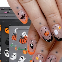 Stiker Kuku 3D Halloween Perekat Sendiri Motif Labu Hantu Kelelawar Jaring Laba-laba Vinyl Tahan Air DIY Seni Kuku