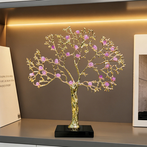 Ornement Arbre à Monnaie en Cristal Corail, Gemme Violette, Branche Dorée pour Salon, Meuble TV, Cadeau de Pendaison de Crémaillère - Product Image 1