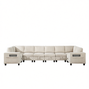 Modern Beige Corduroy Fabric L Shape Sectional <b>Sofa</b> With Side Pockets Storage Living Room Furniture Solid Wood <b>Legs</b> - Product Image 1