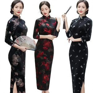 Nuevo Vestido Cheongsam de Otoño Invierno para Mujer, de Terciopelo y Poliéster, Manga Media, Corte Entallado, Talla Grande, Elegante, Estampado Negro, para Adultos - Product Image 1