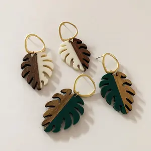 Fashion Statement Jewelry Resin Wooden Leaf Pendant Charms Gold Irregular Hoop Earrings For Women