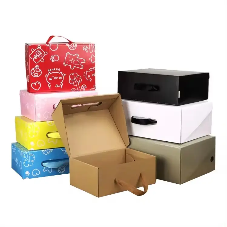 Wholesale Custom Clamshell Corrugated Paper Cardboard Clothing Underwear Packaging Rigid Foldable Shoe Box With Ribbon Handle