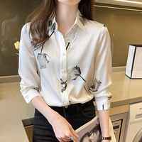 Nouvelles Blouses en Soie Satinée OEM pour Femmes, Hauts Coréens Tendance à Manches Longues, Chemises Boutonnées, Vêtements de Bureau, Col en V Floral