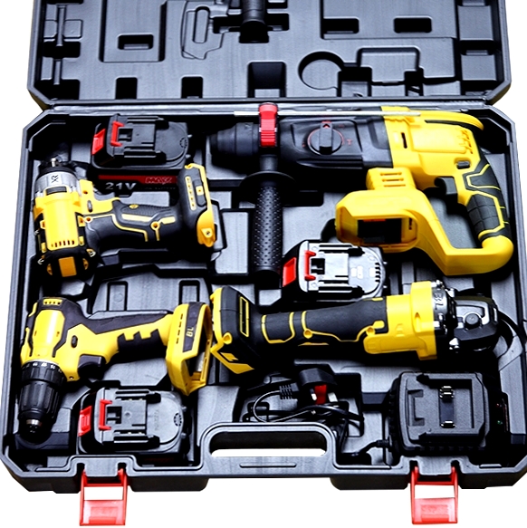 Set of 4pcs Power Tools Kits Portable Lithium Electric Hammer Drill Brushless Angle Grinder Cordless Wrench Combination Tool Set
