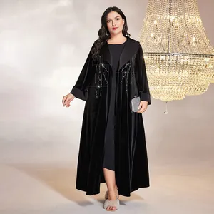 2024 new design rhinestone abaya black wholesale plus rhinestone fringe detail open front velvet abaya