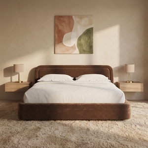 FERLY Modern Low Profile Upholstered <strong>Bed</strong> Frame King Size Brown Velvet <strong>Double</strong> <strong>Bed</strong> with Rounded Corners Padded <strong>Platform</strong> BedBedroom - Product Image 1