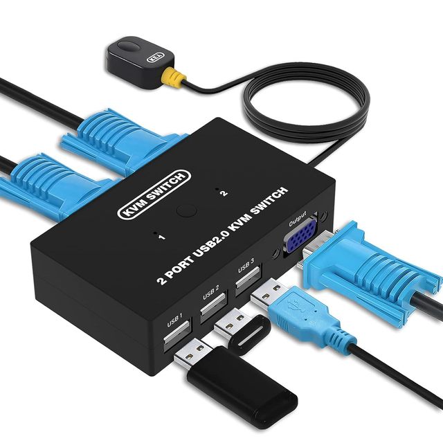 USB VGA KVM Switch for 2 PC Sharing 1 Video Monitor and 3 USB Devices, Keyboard Mouse Scanner Printer