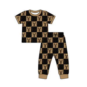 BSPO0671 Conjunto de ropa personalizado para bebé, color marrón, negro, con estampado de ciervo a cuadros, conjunto de ropa para niños, conjunto de manga corta al por mayor - Product Image 1