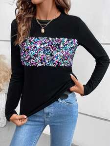 T-shirt a maniche lunghe con colori Slim personalizzati di alta qualità da donna Vintage personalizzato <span class=keywords><strong>top</strong></span> con <span class=keywords><strong>paillettes</strong></span> colorate a manica lunga - Product Image 3