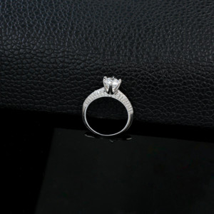 Classic Six Prong Lab Created Diamond <b>Ring</b>, Round Cut <b>Solitaire</b> with Pave-Set Accents Bridal Wedding Band in 925 <b>Silver</b> - Product Image 5