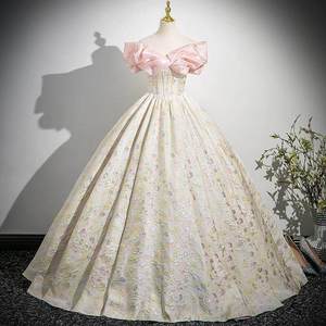 Champagne Off The Shoulder Ball Gown Floral Print Empire Waistline Evening Dress For Stage Performance Banquet Coming Of Age - Product Image 1