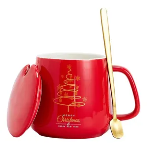 批发创意礼品定制14盎司圣诞咖啡陶瓷杯带盖和勺子