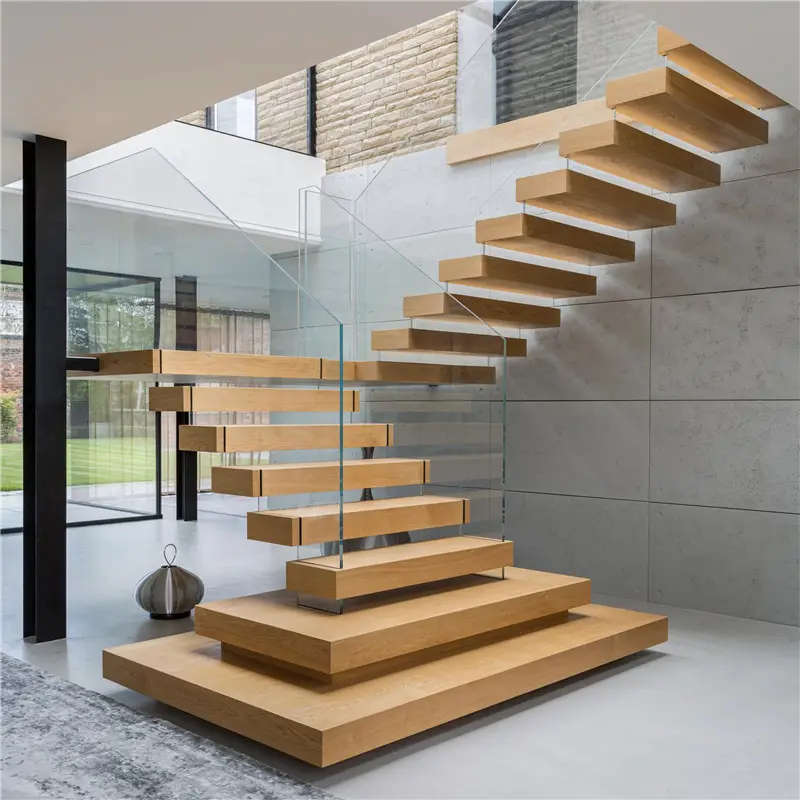 इनडोर स्टील लकड़ी सीढ़ी कांच सीधे अटारी सीढ़ियों लकड़ी अस्थायी सीढ़ियों फैक्टरी