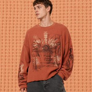 T-shirt Homme Noir Vintage Délavé Oversize à Épaules Tombantes, Manches Longues en Maille Gaufrée avec Ourlet Brut - Product Image 4