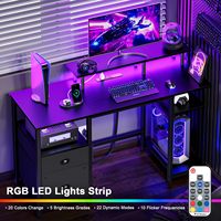 Escritorio de Oficina Ecológico y Duradero con Luces LED, Tomas de Corriente, 4 Cajones, Archivador de Tela, Estantería y Mesa de Estudio/Trabajo