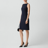 Robe de bureau personnalisée en crêpe, sans manches, col bateau, coupe fourreau, longueur genou, pour affaires, fabricant OEM ODM